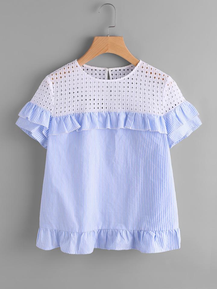 Shein Contrast Eyelet Embroidered Yoke Frilled Top