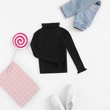 Shein Girls Frill Neck And Trim Ribbed Sweater