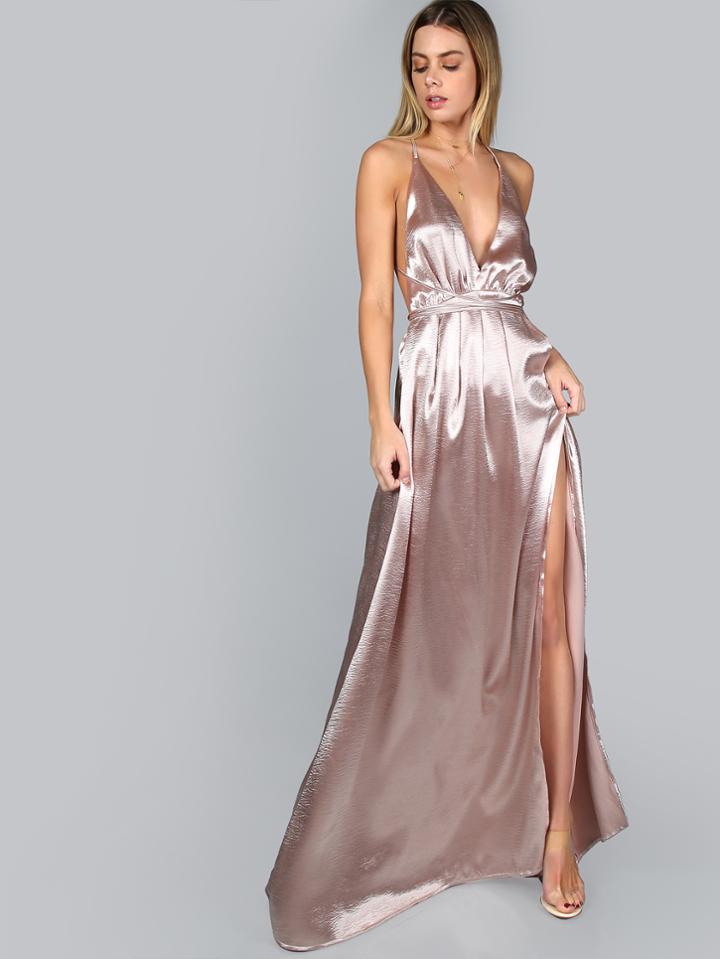 Shein Plunge Neck Crisscross Back High Slit Wrap Cami Dress