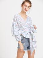 Shein Striped And Watermelon Print Gigot Sleeve Wrap Top