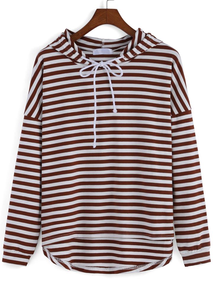 Shein Hooded Drawstring Striped High Low Sweatshirt