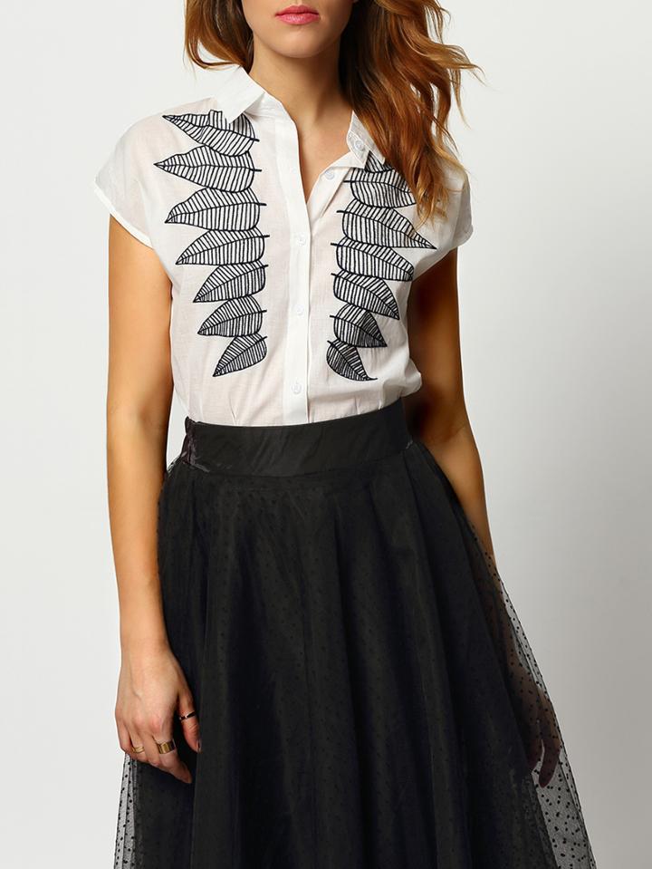 Shein White Lapel Leaves Print Blouse