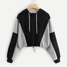 Shein Contrast Panel Drawstring Hem Hooded Sweatshirt