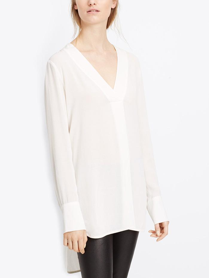 Shein Deep V Neck Dip Hem Chiffon White Shirt