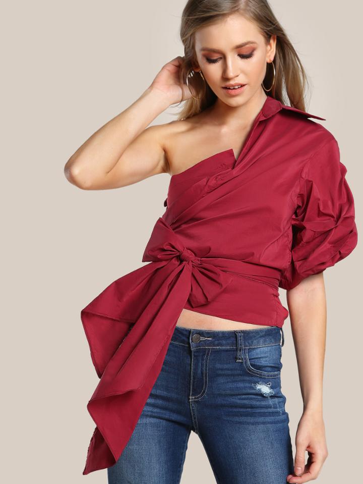 Shein Single Shoulder Gathered Sleeve Self Tie Top
