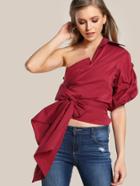 Shein Single Shoulder Gathered Sleeve Self Tie Top