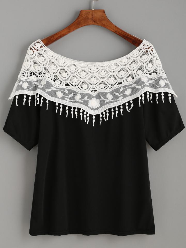 Shein White Contrast Lace Neck T-shirt