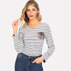 Shein Leopard Print Pocket Striped Tee