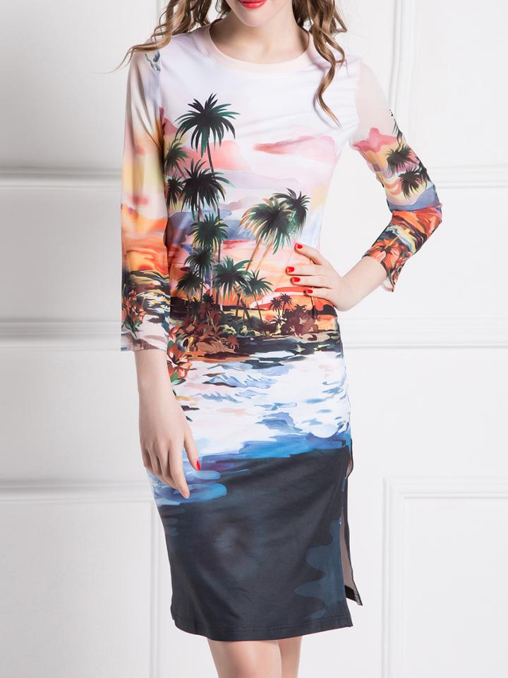 Shein Multicolor Crew Neck Print Split Dress