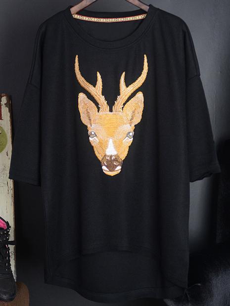 Shein Black Deer Embroidery Loose Sweatshirts