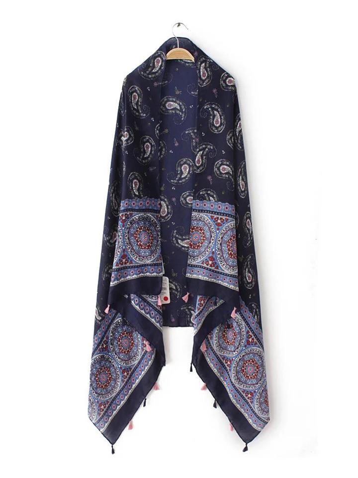 Shein Navy Tone Paisley Pattern Tassel Trim Voile Scarf