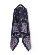 Shein Navy Tone Paisley Pattern Tassel Trim Voile Scarf