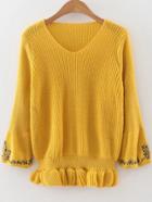 Shein Yellow V Neck Embroidery Sleeve Peplum Sweater