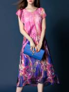 Shein Pink Tie-waist Print A-line Dress