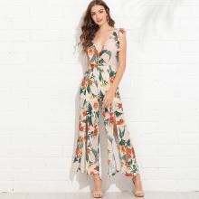Shein Split Wide Leg Tropical Wrap Jumpsuit
