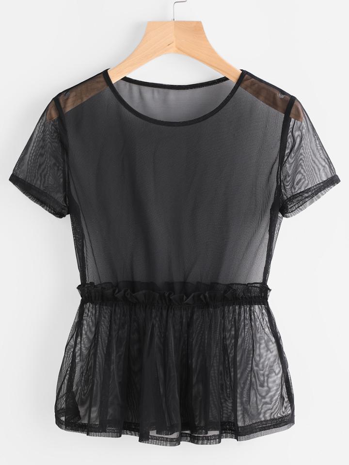 Shein Frill Trim Mesh Peplum Top