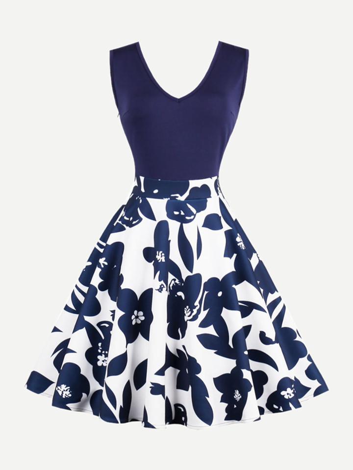 Shein V Neckline Floral Print Zip Up Side Dress