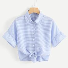 Shein Fluted Sleeve Knot Front Crop Shirt