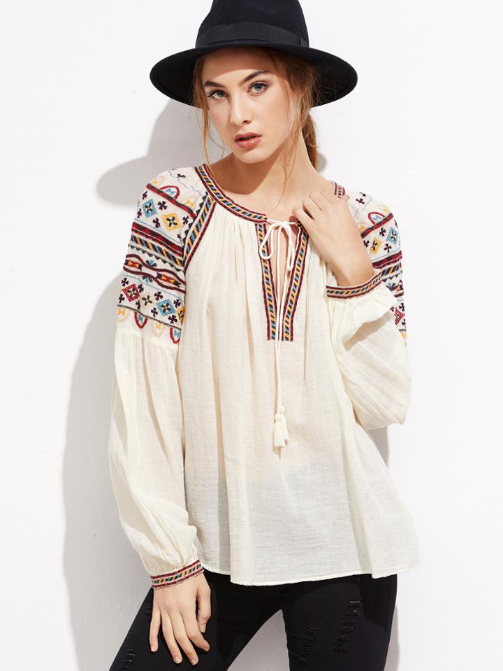 Shein Apricot Tie Neck Embroidered Top