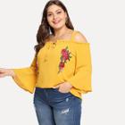 Shein Plus Embroidered Flower Applique Bell Sleeve Cold Shoulder Top