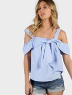 Shein Open Shoulder Front Tie Curved Striped Top
