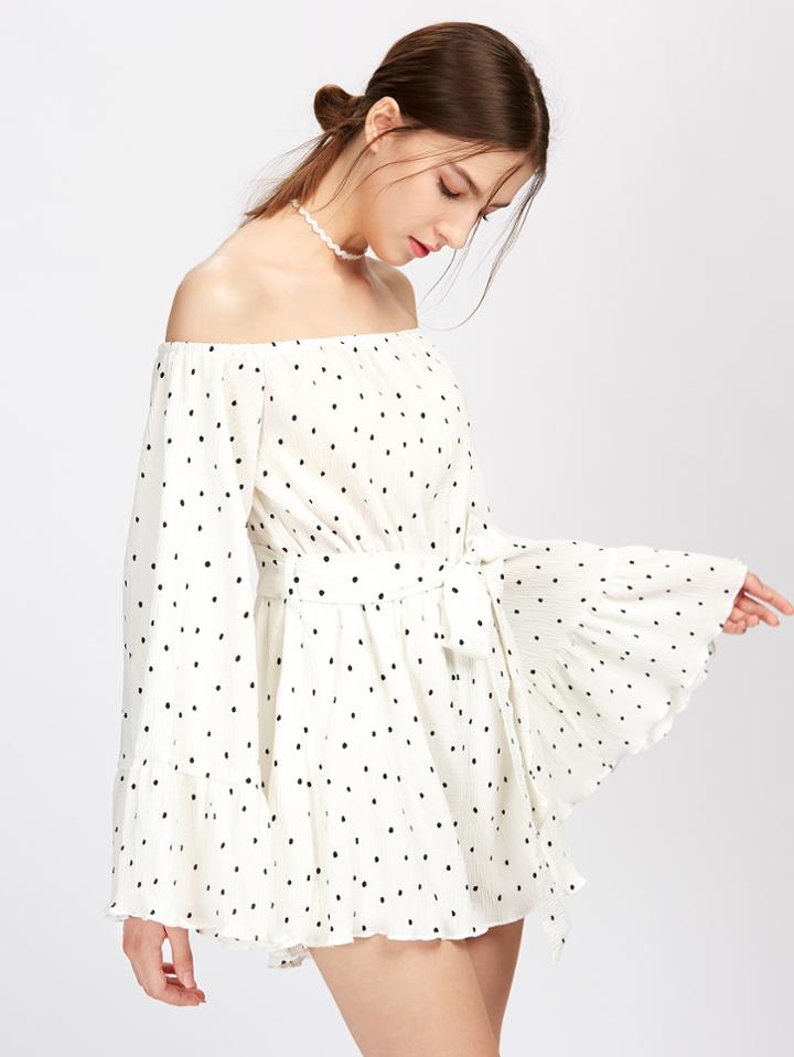 Shein Bardot Bell Sleeve Bow Tie Waist Playsuit