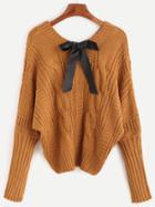 Shein V Neck Batwing Sleeve Bow Tie Cable Knit Sweater