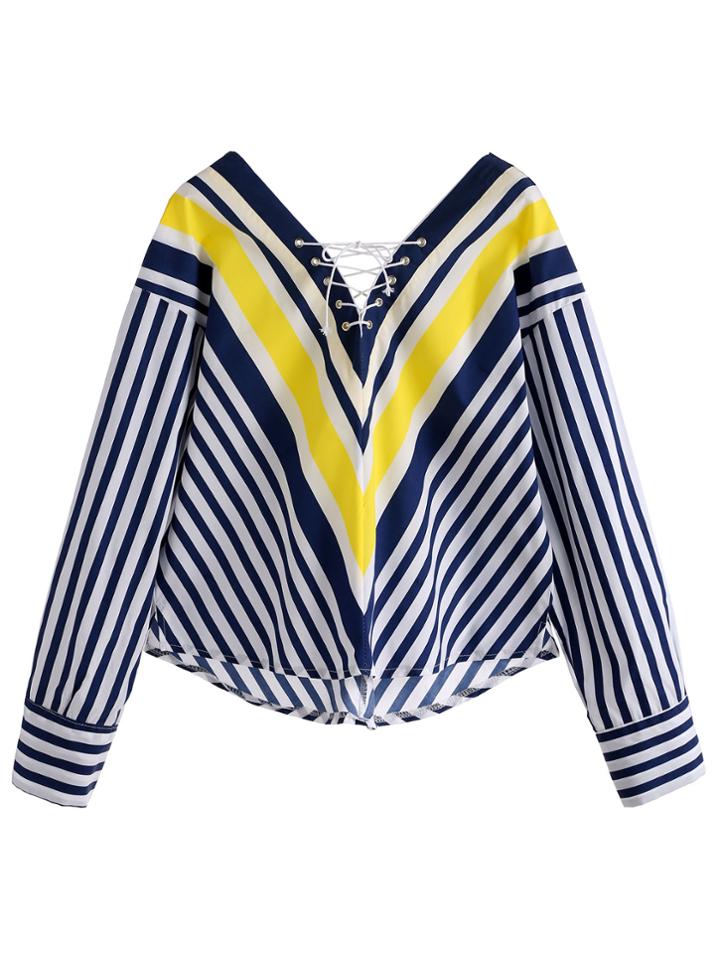 Shein Striped Lace Up Curved Hem Top