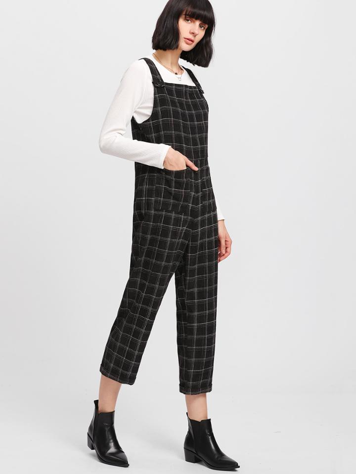 Shein Buttoned Strap Pocket Patched Plaid Jumpsuit