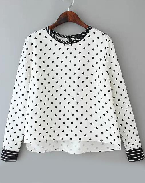 Shein White Polka Dot Striped Dip Hem Polkadots Blouse