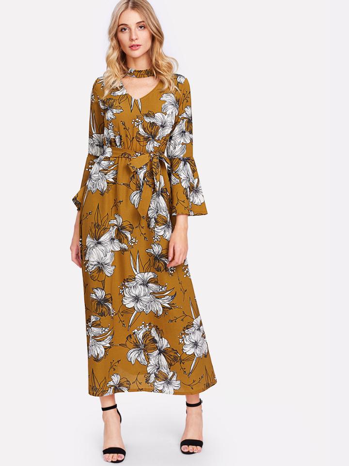 Shein Cut Out Neck Floral Print Self Tie Waist Dress