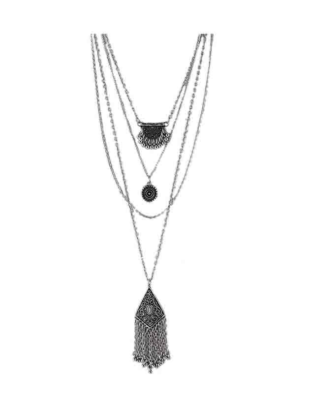 Shein At-silver Indian Design Multilayers Geometric Tassel Necklace For Lady