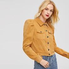 Shein Flap Pocket Front Puff Sleeve Corduroy Jacket