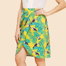 Shein Palm Leaf And Bird Print Overlap Skirt