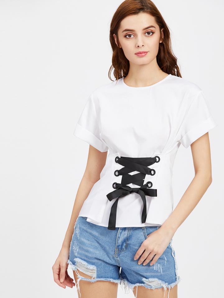 Shein Eyelet Lace Up Front Cuffed Top