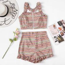 Shein Striped Halter Top With Frill Hem Shorts