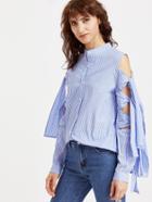 Shein Blue Striped Band Collar Tied Split Sleeve Blouse