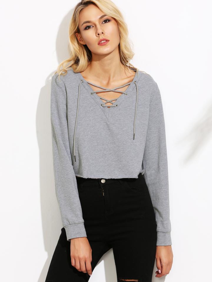 Shein Heather Grey Lace Up V Neck Crop Sweatshirt