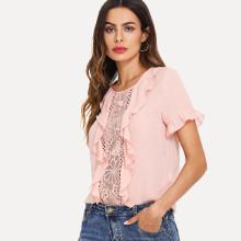 Shein Guipure Lace Insert Ruffle Trim Top