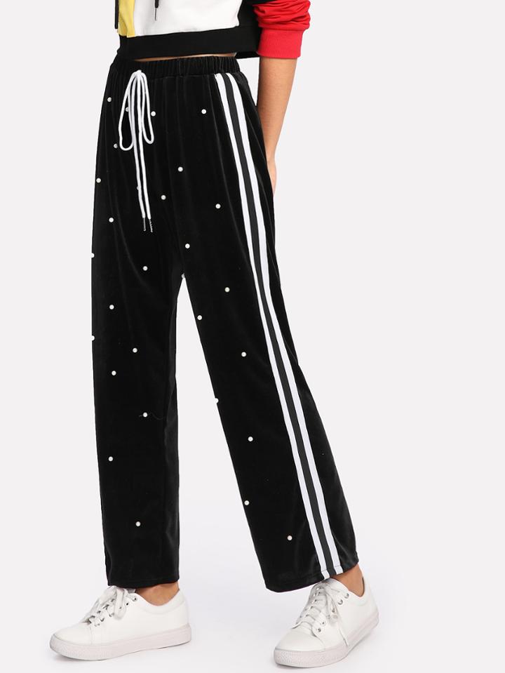 Shein Striped Tape Side Pearl Beading Velvet Sweatpants