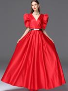 Shein Red V Neck Backless Half Sleeve Drawstring Dress