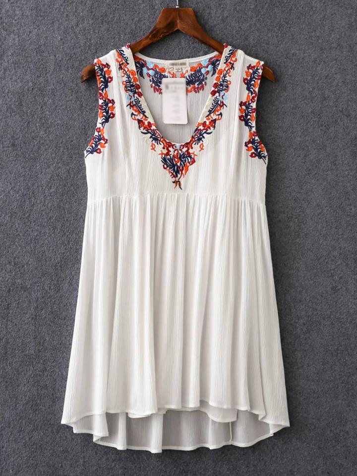 Shein White Deep V Neck Embroidery Dress With Lining