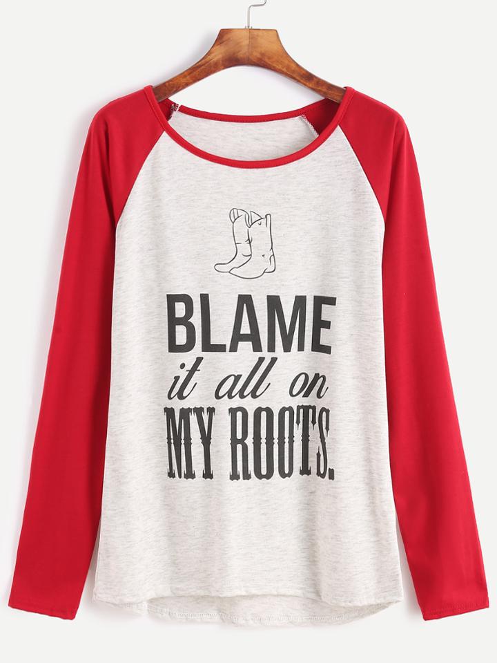 Shein Contrast Raglan Sleeve Slogan Print Dip Hem T-shirt