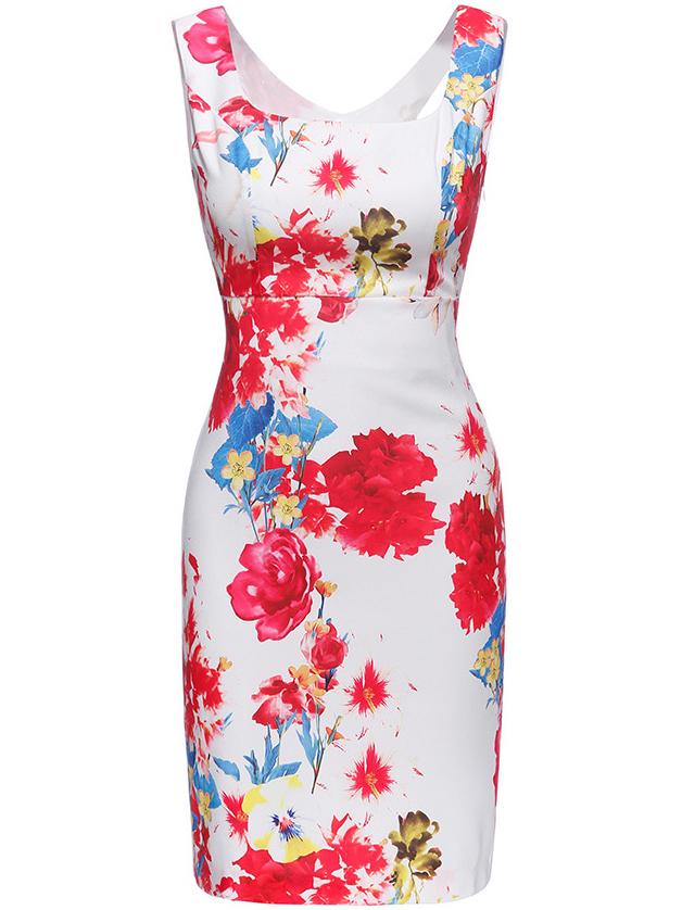 Shein White Boat Neck Backless Flowers Print Sheath Dress