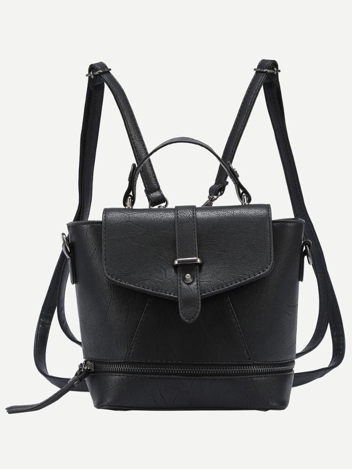 Shein Faux Leather Zip Front Multiway Flap Backpack - Black