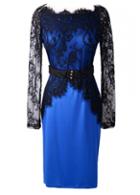Rosewe Sexy Boat Neck Lace Patchwork Sheath Dress Blue