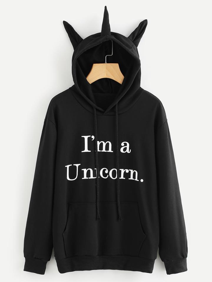 Shein Slogan Print Antenna Ear Hoodie With Kangaroo Pocket