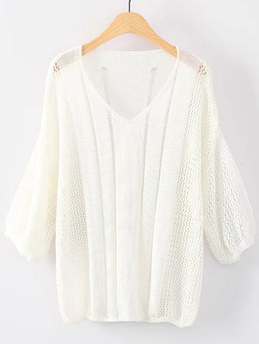 Shein White V Neck Elastic Cuff Knitwear