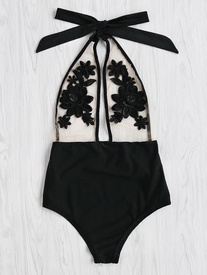 Shein Flower Embroidery Halter Mesh Swimsuit