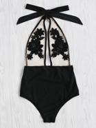 Shein Flower Embroidery Halter Mesh Swimsuit